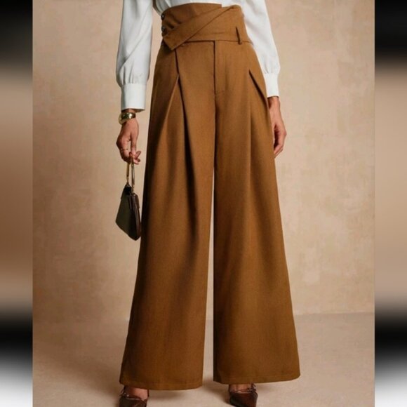 High Waist Tie Ruched Loose Fit Wide Leg Pants, British Style - Picture 4 of 4